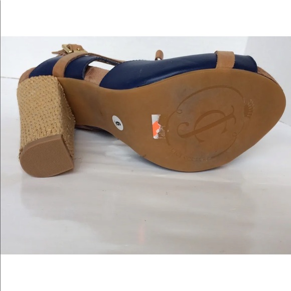 New Juicy Couture Women Block Heel Peep Toe Leather Raffia Navy Blue 9 Shoes - Picture 6 of 12